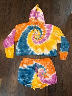 Tie-Dye Spiral Hoodie & Shorts Set - Yellow, Blue, Orange, Pink